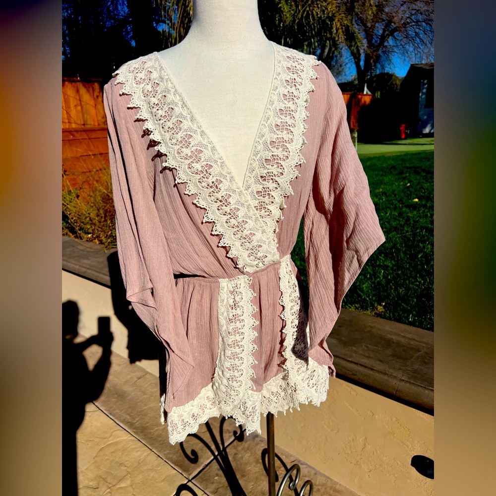 Pink Lace Trim Wrap Romper